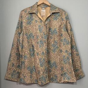 IB Diffusion Shirt Womens Size Large Leopard Floral Micro Suede Button Up Safari